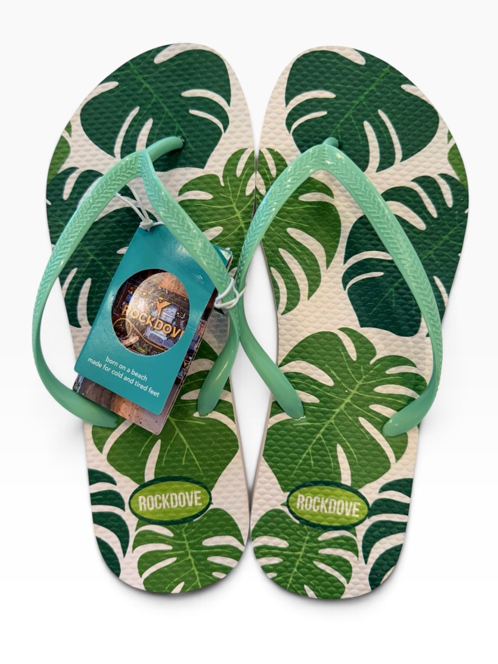 NWT RockDove Women’s Seabreeze Monstera Green Flip-Flops – Size 8